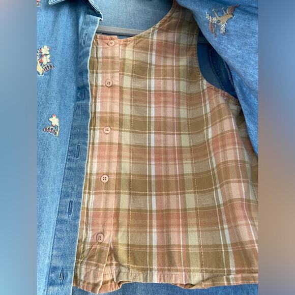Vintage Lemon Grass Embroidered Short Sleeve Denim Button Up Raised Flower Plaid - Picture 9 of 9